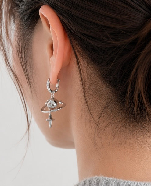 Silver Saturn Planet Drop Earrings