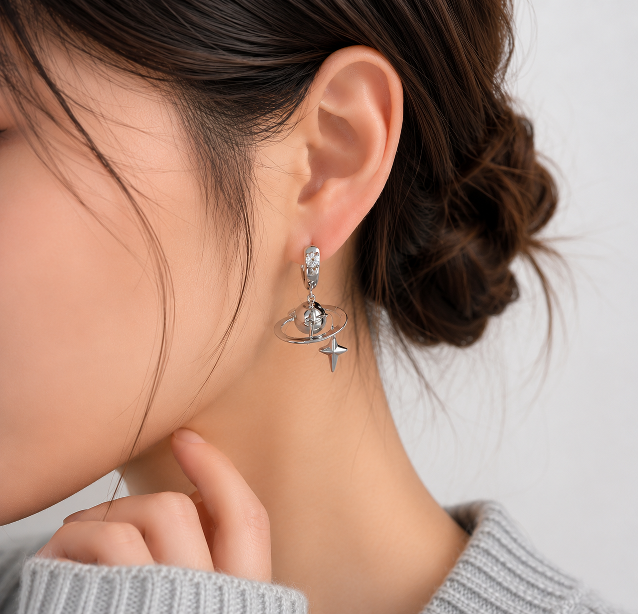 Silver Saturn Planet Drop Earrings
