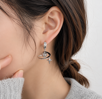 Silver Saturn Planet Drop Earrings