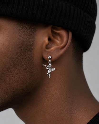 Silver Cupid Angel Drop Earrings